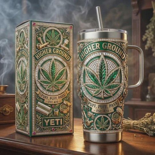 Discover Higher Ground Cannabis Leaf Stainless Steel Tumbler with Handle, Puff Puff Pass Weed Cup, 420 Lifestyle Gift