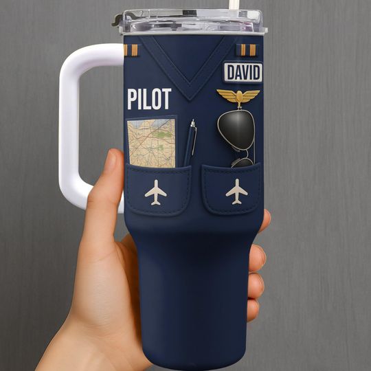 Discover Personalized Pilot 40oz Tumbler With Handle, Custom Name Aviation Travel Mug, Airline Captain Gift for Him, Airplane Lover Cup