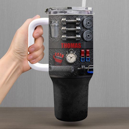 Discover Personalized Gym 40oz Tumbler With Handle, Custom Fitness Lover Cup, Bodybuilder Workout Gift for Men, Gym Trainer Gift With Name