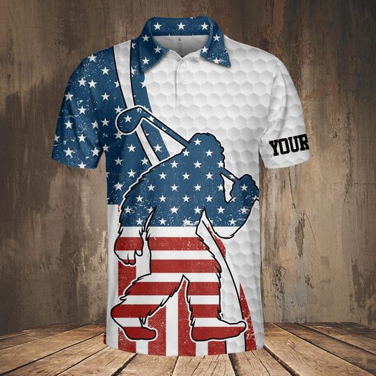 Discover Bigfoot Golf Polo Shirt for Men and Women with American Flag Sasquatch Print, Custom Name Golf Polo