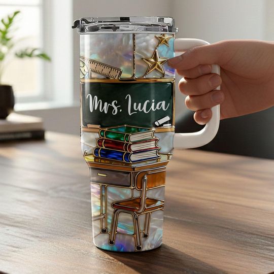 Discover Personalized Teacher 40oz Tumbler With Handle, Custom Name Mrs Tumbler, Classroom Chalkboard Books Gift, Teacher Appreciation Travel Cup