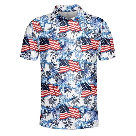 Fourth of July USA Rifle Polo Shirt for Men and Women, Patriotic Flag Golf Polo, Independence Day Polo