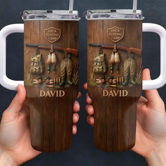 Discover Personalized Duck Hunting 40oz Tumbler With Handle, Custom Name Hunting Camp Travel Mug, Hunter Gift for Dad Husband, Outdoor Camo Cup
