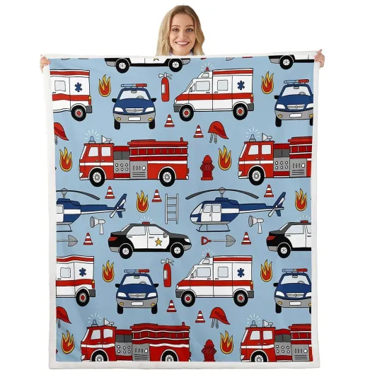 Discover Cartoon Police Car Fleece Throw Blanket, Red Fire Truck Sherpa Blanket for Ki...