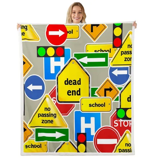 Discover Car Fleece Sherpa Blanket - Cartoon Road Sign Throw for Bed, Sofa, Couch - Ki...