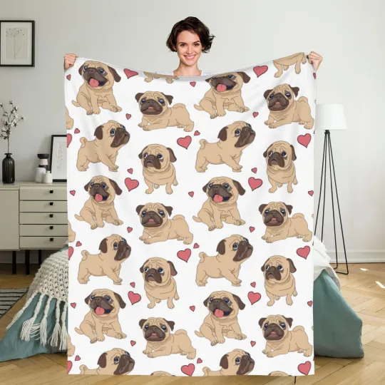 Discover Flannel Fleece Throw Blanket, Fun Cartoon Pug Lightweight Throw Blanket, Trav...