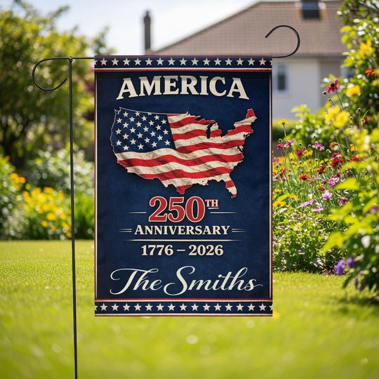 Discover Personalized USA 250th Anniversary Garden Flag: Custom Family Name Yard Flag, Patriotic Outdoor Decor