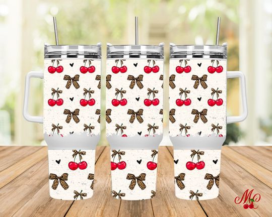 Discover Cherry Leopard Bow Stainless Steel Tumbler with Handle