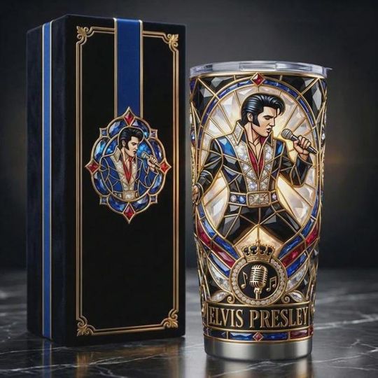 Discover Elvis Presley Stainless Steel Tumbler with Handle, The King of Rock & Roll Insulated Cup, Vintage Music Fan Gift