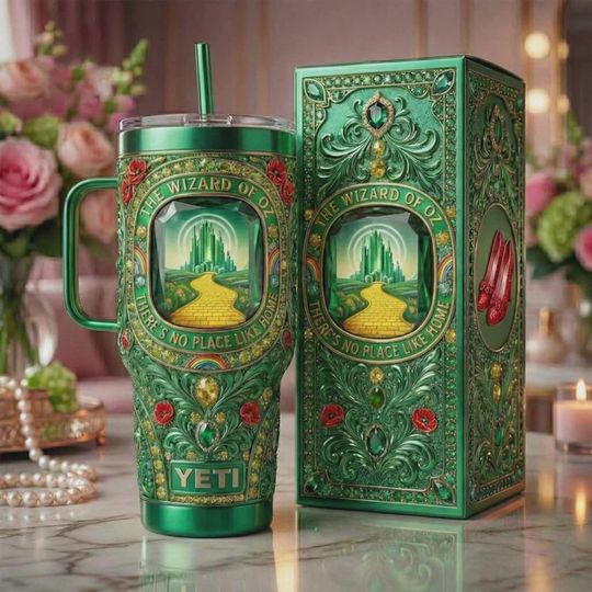 Wizard of Oz Stainless Steel Tumbler with Handle, Emerald City Insulated Travel Cup, Theres No Place Like Home Fan Gift