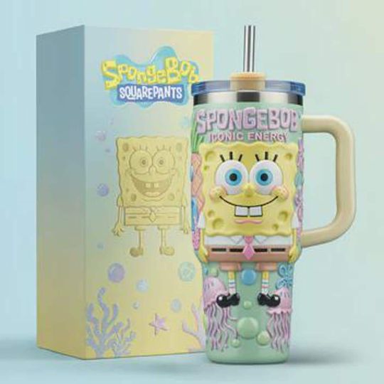 SpongeBob SquarePants Stainless Steel Tumbler with Handle, Cartoon Energy Travel Mug, Insulated Reusable Cup, Gift for Kids & Fans