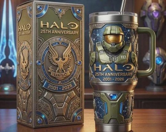 HALO 25th Anniversary Stainless Steel Tumbler with Handle, Master Chief Insulated Travel Mug, Sci-Fi Gaming Fan Gift, Collector Drinkware