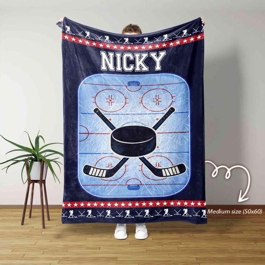 Discover Personalized Hockey Blanket with Name, Custom Ice Rink Fleece Throw for Boys, Sports Lover Gift, Cozy Winter Decor for Hockey Fans
