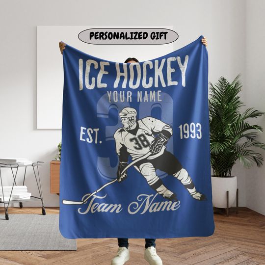 Discover Custom Ice Hockey Blanket, Personalized Player and Team Name, Sports Fan Gift, Cozy Fleece Throw, Player Number Blanket, Hockey Decor