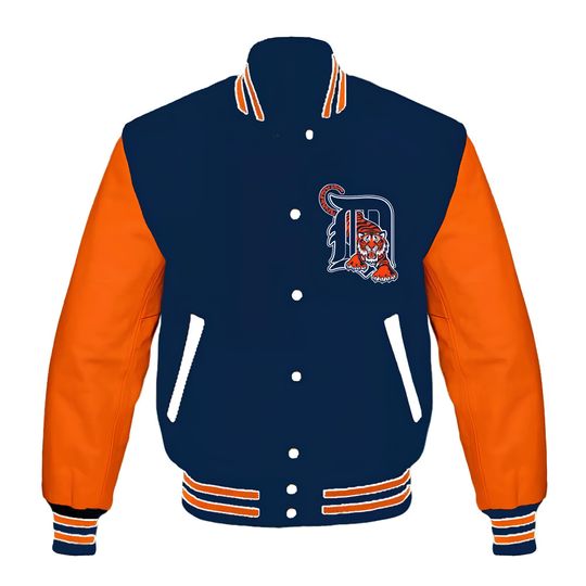 Detroit Tigers Navy Blue Body Orange Sleeves Jacket Team Varsity Jackets