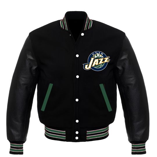 Discover Utah Jazz Varsity Jacket: Black Leather Sleeves, Custom Letterman Style