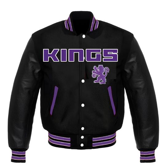 Discover Sacramento Kings Varsity Jacket: Black Leather Sleeves, Fleece Body