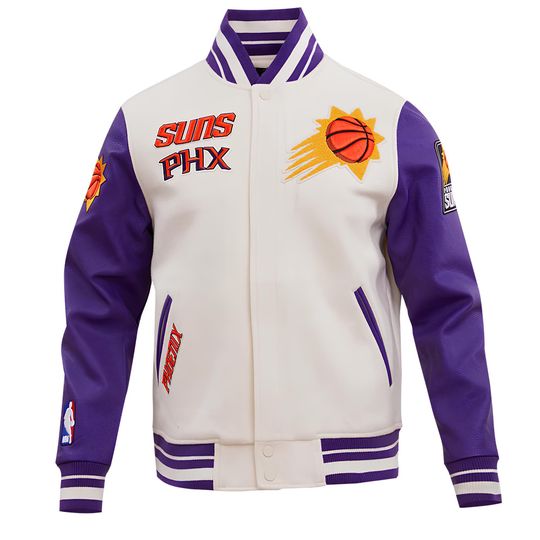 Discover Phoenix Suns Varsity Jacket: Off White & Purple Leather Sleeves