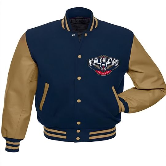 New Orleans Pelicans Navy Blue Body Cream Sleeves Jacket Team Varsity Jackets Baseball Jacket