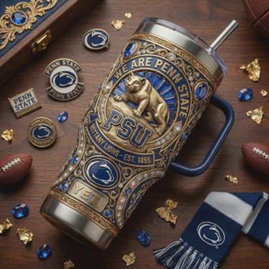 College Football Inspired Tumbler with Handle, Blue White Insulated Stainless Steel Travel Cup, Stadium Game Day Fan Gift