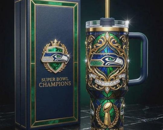 Seattle Seahawks Super Bowl Champions Tumbler with Handle, football Stainless Steel Insulated Travel Cup, Seahawks Fan Gift, Game Day Drinkware