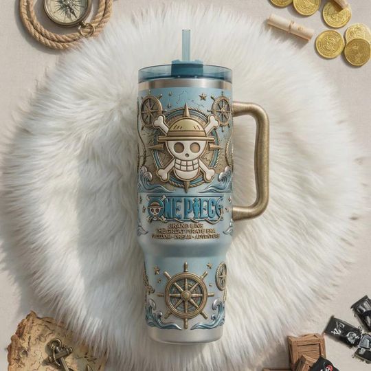 Discover 40oz Pirate Adventure Printed Tumbler with Handle, Ocean Nautical Stainless Steel Insulated Travel Mug, Reusable Cup Gift