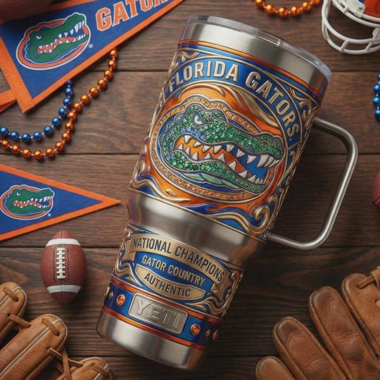 Florida Gators National Champions Tumbler with Handle, College Football Stainless Steel Insulated Travel Cup, Gator Country Fan Gift