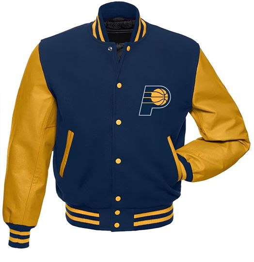 Discover Indiana Pacers Navy Blue Body Gold Leather Sleeves Jacket Team Varsity Custom Made Jackets Baseball Jacket Letterman Jackets