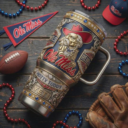 College Football Inspired Tumbler with Handle, Red & Navy Stainless Steel Insulated Travel Cup, Game Day Tailgate Fan Gift