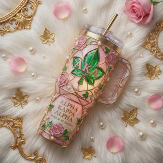 Alpha Kappa Alpha Tumbler with Handle, AKA Sorority Luxury Mug, Pink & Green Stainless Steel Insulated Cup, Alpha Kappa Alpha Gift