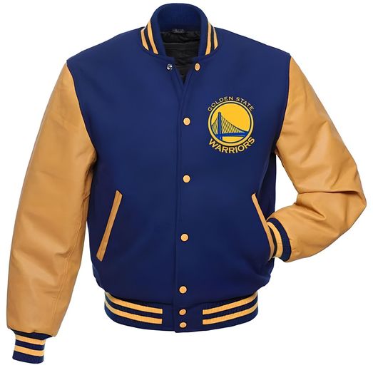 Golden State Warriors Navy Blue Body Gold Sleeves Jacket Team Varsity Jackets Baseball Jacket Letterman Jackets