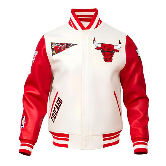 Discover Chicago Bulls Off White Body Red Leather Sleeves Jacket Team Varsity Custom Made Jackets Baseball Jacket Letterman Team Varsity Jackets