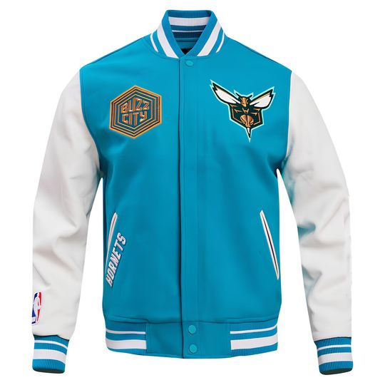Discover Charlotte Hornets Sky Blue Body White Leather Sleeves Jacket Team Varsity Custom Made Jackets Baseball Jacket Letterman Team Varsity Jackets