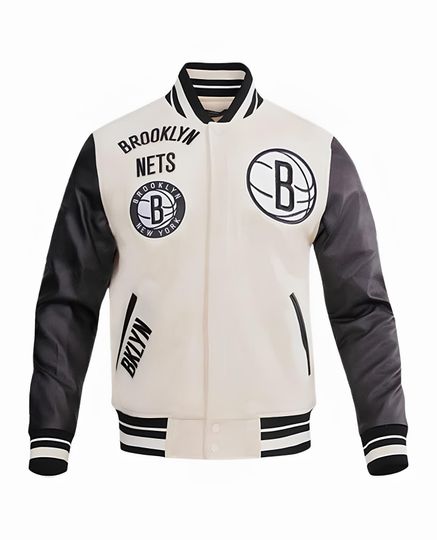 Discover Brooklyn Nets Off White Body Black Leather Sleeves Jacket Team Varsity Custom Made Jackets Baseball Jacket Letterman Team Varsity Jackets