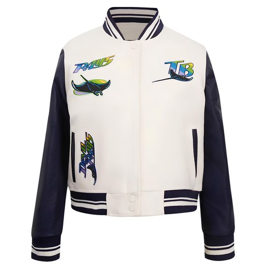 Discover Tampa Bay Rays Off White Body Navy Blue Leather Sleeves Jacket  Team Varsity Custom Made Jackets