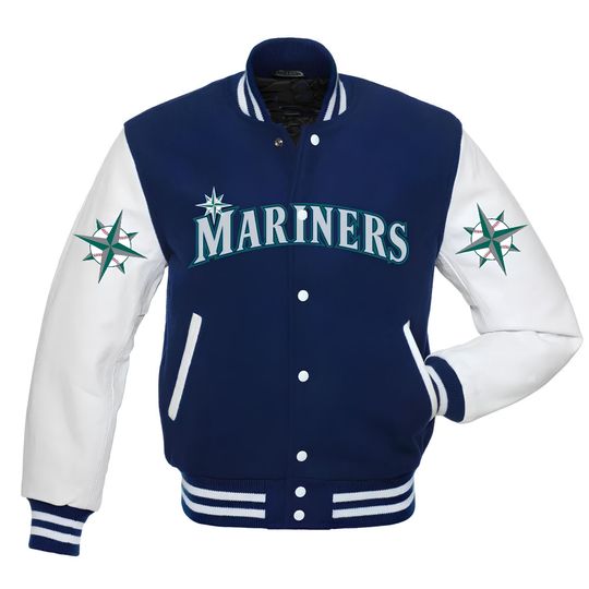 Discover Seattle Mariners Royal Blue Body White Leather Sleeves Jacket Team Varsity Custom Made Jackets