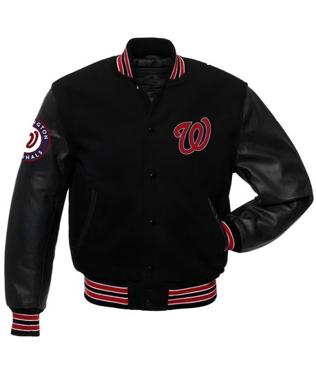 Discover Washington Nationals Black Body Black Leather Sleeves Jacket Team Varsity Custom Made Jackets
