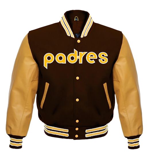 Discover San Diego Padres Brown Body Gold Leather Sleeves Jacket Team Varsity Custom Made Jackets