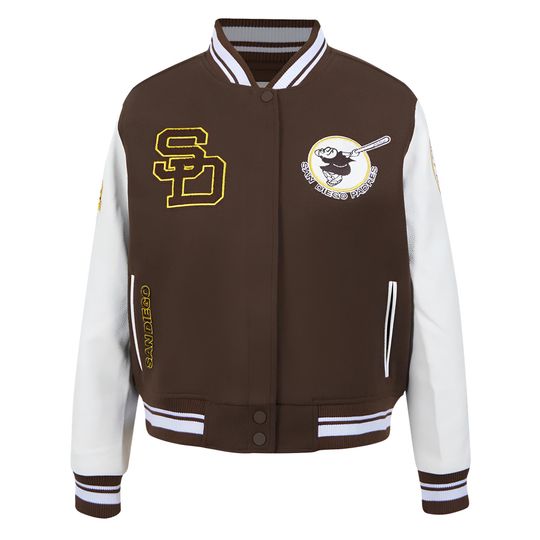 Discover San Diego Padres Brown Body White Leather Sleeves Jacket Team Varsity Custom Made Jackets