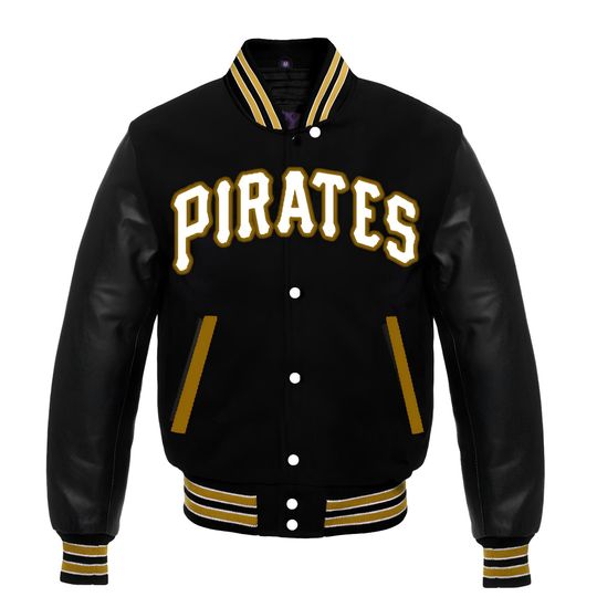Discover Pittsburgh Pirates Black Body Black Leather Sleeves Jacket Team Varsity Custom Made Jackets