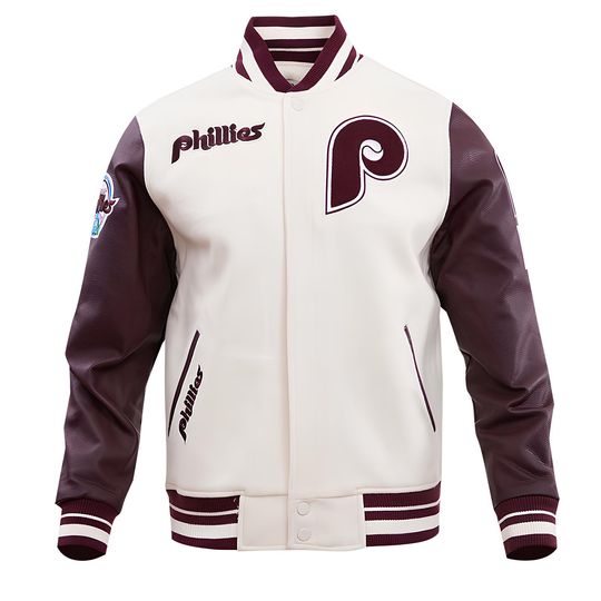 Discover Philadelphia Phillies Off White Body Maroon Leather Sleeves Jacket Team Varsity Custom Made Jackets