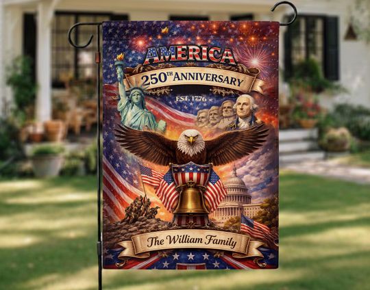 Discover Personalized America 250th Anniversary Garden Flag, Custom Family Name Patriotic Yard Decor, 17762026 USA Gift
