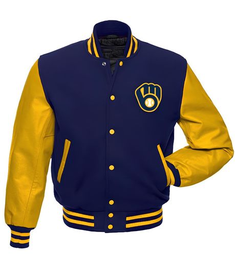 Discover Milwaukee Brewers Navy Blue Body Yellow Sleeves Jacket Team Varsity Jackets