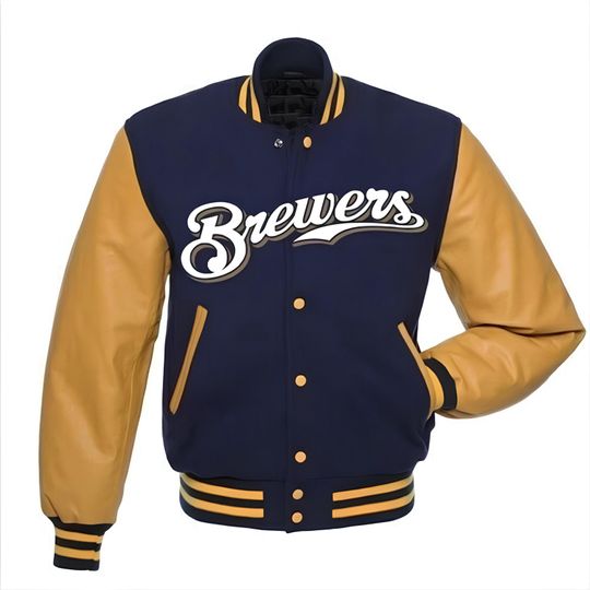 Milwaukee Brewers Navy Blue Body Gold Sleeves Jacket Team Varsity Jackets