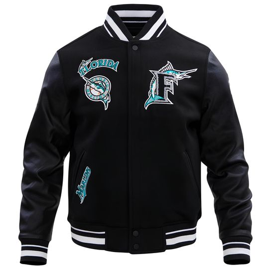 Discover Miami Marlins Black Body Black Sleeves Jacket Team Varsity Jackets