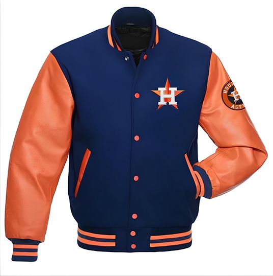 Houston Astros Navy Blue Body Orange Sleeves Jacket Team Varsity Jackets