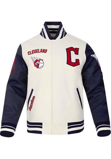 Discover Cleveland Guardians Off White Body Navy Blue Sleeves Jacket Team Varsity Jackets
