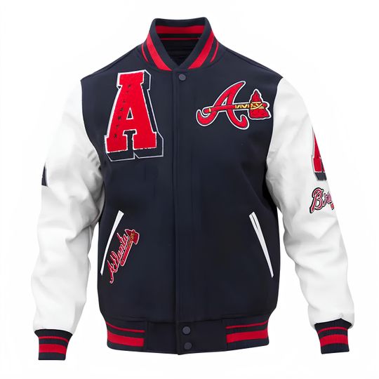 Discover Atlanta Braves Varsity Jacket Navy Blue Body White Sleeves Jacket Letterman Jackets Team Varsity Jackets Jackets