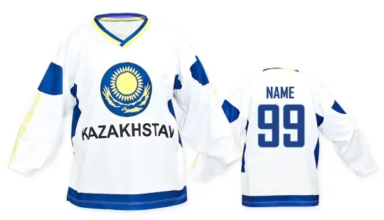 Discover Kazakhstan White Men's Ice Hockey Jersey Custom Name and Number