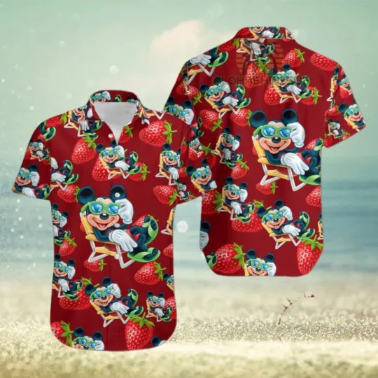 Discover Mickey Mouse Beach Strawberry Maroon Mens Tall Hawaiian Shirts